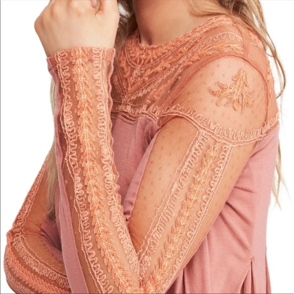 Free People Jojo Mixed Media Long Sleeve Top Havana Sands Medium